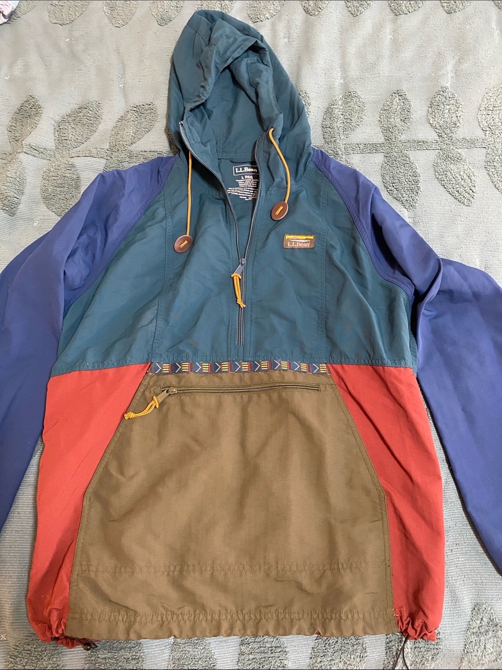 L.L. Bean Colorblock Hooded Rain Anorak — Teal, Blue, Red, Brown
